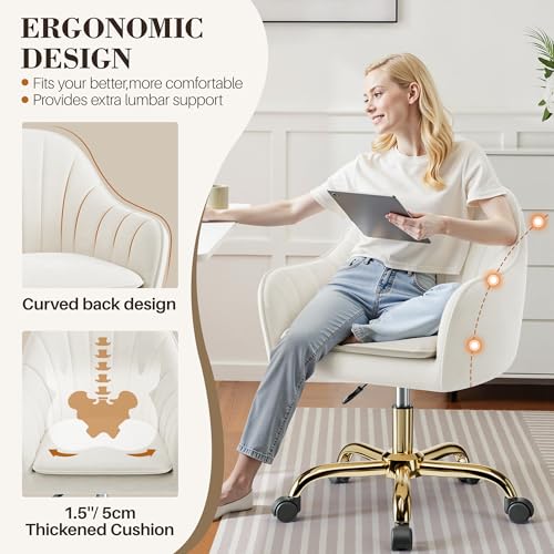 Image of Vanity Chair with Wheels, Comfy Home Office Desk Chairs Adjustable Modern Velvet Makeup Vanity Chairs for Bedroom Living Room-Beige