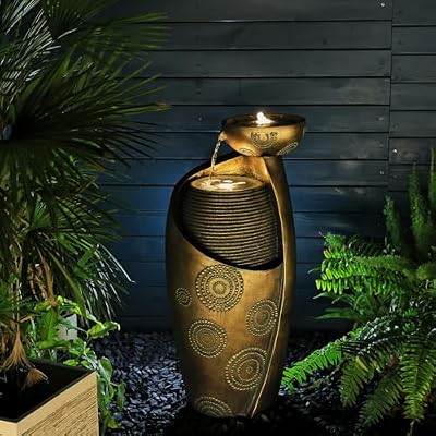 Tankana Large Jar Water Fountain Zen Feature - Outdoor Garden Indoor Floor Standing Fountains Waterfall with LED Light & Pump for Home Decor Office Yard Patio Pool Deck Porch, Goldish-Bronze