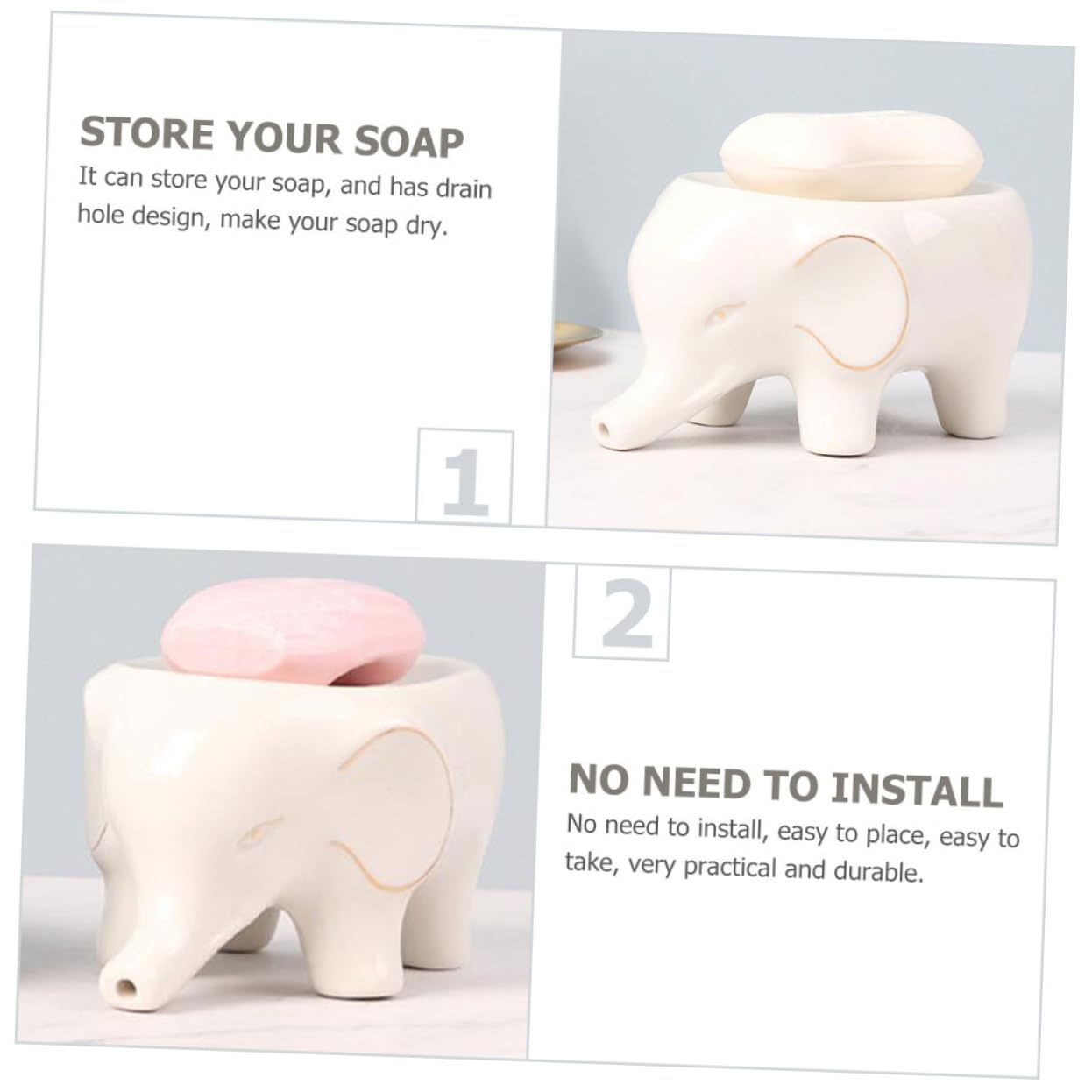 LABRIMP Jabonera de Cerámica Forma de Elefante, Orificio de Drenaje y Almacenamiento de Jabón para Baño y Hogar