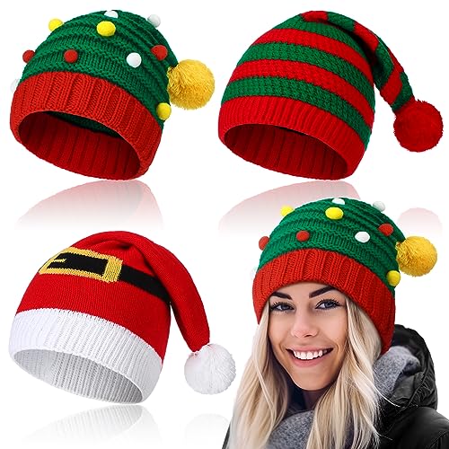 Funtery 3 Pcs Christmas Knitted Santa Hats Elf Hat Crochet Christmas Beanie Xmas Party Caps for...
