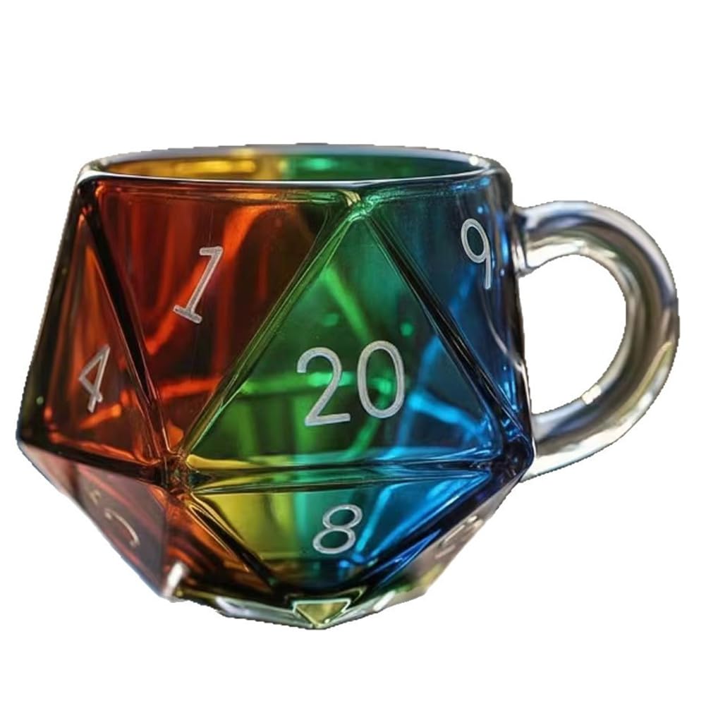 Hndhbfgrt Rainbow D20 Dice Mug, 20-Sided Glass Gaming Mug, Heat- Transparent Coffee Cup for Board Game Lover Enthusiasts