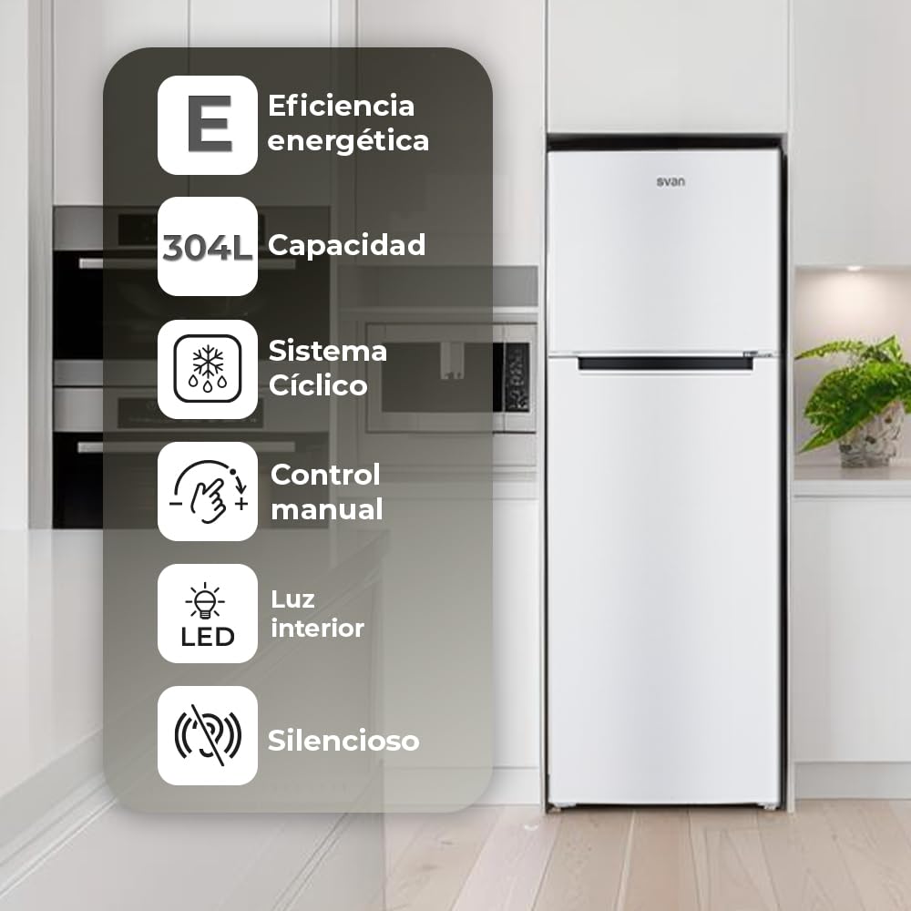 Svan Frigorífico 2 Puertas Blanco SF17601E. Capacidad 304 Litros, Puerta Reversible, Bajo Nivel Sonoro, Eficiencia Energética Clase E