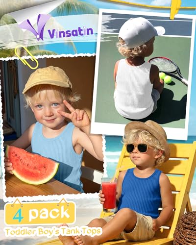 Image of 4 Pack Toddler Boys Cotton Tank Tops | Ribbed, Sleeveless T-Shirts, Summer Undershirts, Slim Fit, Crewneck, Layering, Sizes 18M-5T