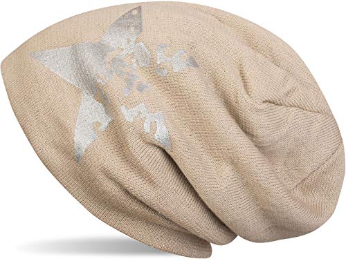 styleBREAKER warme Feinstrick Beanie Mütze mit Vintage Stern Print und sehr weichem Innenfutter, Slouch Longbeanie, Unisex 04024088, Farbe:Beige