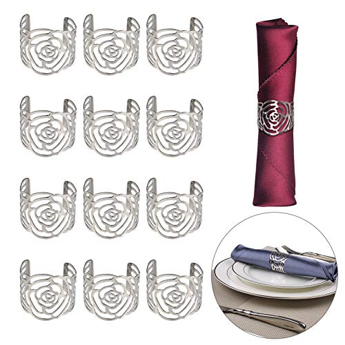 PATAZOK 12 Pcs Rond de Serviette,Rond de Serviettes de Table Porte-serviettes en Métal Ajouré Motif Fleur Bague Déco Pour Mariage Banquet Anniversaire Fête Cover