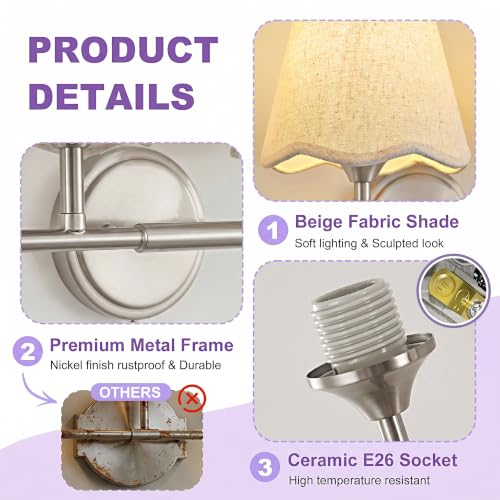 Image of Bathroom Light Fixtures Vanity Light 4-Light Brushed Nickel 30.7 inch | Farmhouse Bathroom Lights, Beige Wavy Fabric Shade, Dimmable Vanity Lighting Fixtures for Mirror Bedroom Living Room Hallway
