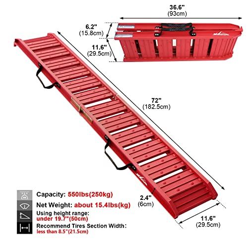 Ruedamann Car Ramps With 72 Inch L × 11.6 Inch W Aluminum Loading Ramp, Foldable, 550 Lbs Capacity, For Atv, Motorcycle, Truck, Pack Of 1 (Red) #TOP2