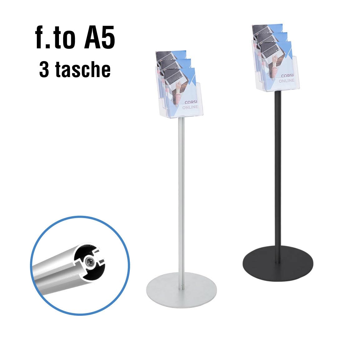 Danieli - Porta Depliant da Terra in Acrilico Trasparente A5 con 3 tasche, per Riviste e Brochure. Porta Volantini Resistente da Utilizzare come Espositore per Ufficio e Negozi. (Alluminio Silver)