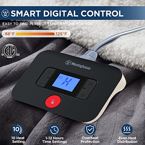 Westinghouse Electric Blanket Twin, Heated Blanket Twin Size with 10 Heating Levels and 1 to 12 Hours Heating Time Settings, Flannel to Sherpa Reversible, Machine Washable (62" x 84", Charcoal)
