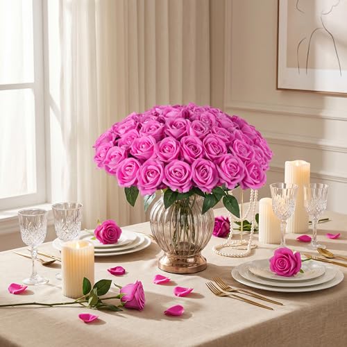 Image of INSPRING 50 PCS Hot Pink Roses Artificial Flowers with Long Stems | Real Looking, Fake Roses, Silk Flowers, DIY Bouquet, Wedding Party Celebration Home Bridal Decoration Gift, for Her Wife