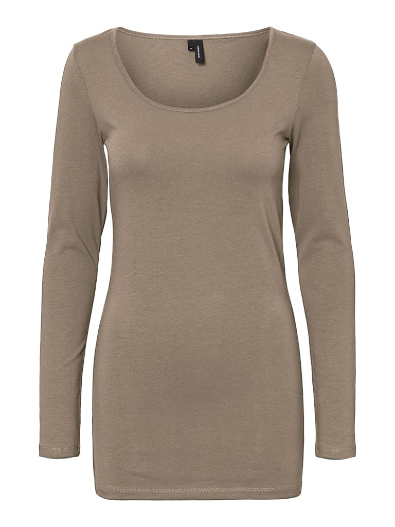 VERO MODA Women's Long Sleeve Bodycon Long Sleeve with Deep U-Neck Crew Neck, Walnut/Detail: Light Melange, XXL