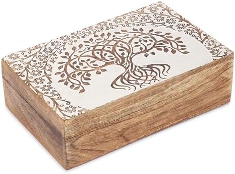 Ajuny Handmade Wooden Decorative Jewelry Box Tree of Life Design White Multi Purpose Treasure Chest Organizer Travel Storage Keepsake Gifts 8×5 Inch