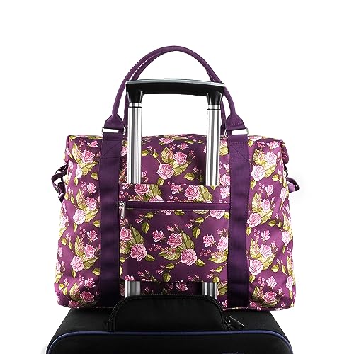 Travel Bag is Personal Item on Airplane, Duffle has Trolly Sleeve Padded Strap and Pockets, Carry On is Floral Purple and Pink Inside4