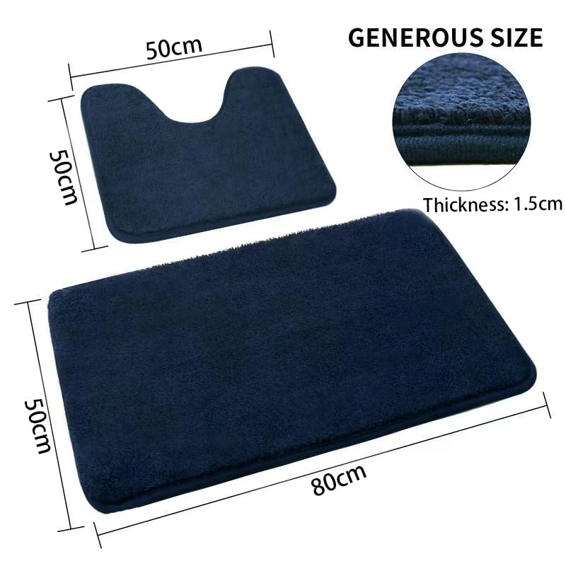 Rururug Soft Bath Mat Set of 2 - Super Absorbent & Non-Slip Bathroom Mats with TPR Backing, Machine Washable - 50x80cm + 50x50cm Rug Set for Shower & Toilet Floor (Navy) - Image 3
