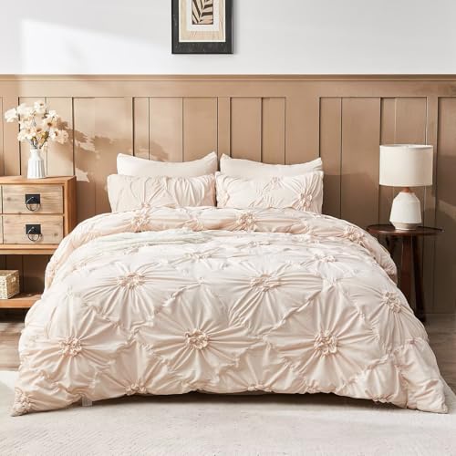 Image of Beige Comforter Set King Size Bed in A Bag 7 Piece Pinch Pleat Bedding Set, Pintuck Ruched Flowers Bed Set with Comforter, Sheets, Pillowcases & Shams