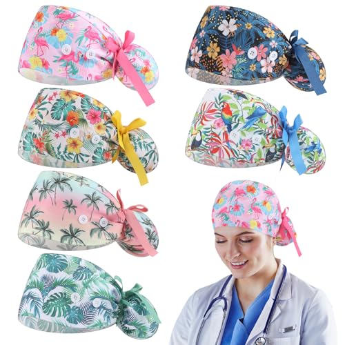 Image of 6 Pcs Scrub Caps for Women Doctor Nursing Hats with Buttons Adjustable Tie Back Working Cap Bouffant Scrub Hats for Women Men