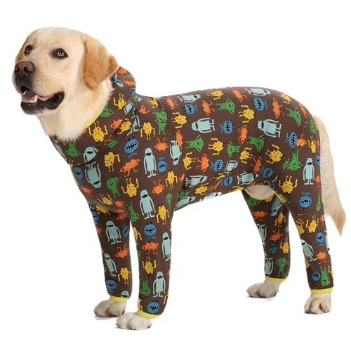 ISUPY 犬のパジャマ ロンパース つなぎ 春夏秋 通気性 柔らかい ドッグウェア tシャツ フード付き 中型犬 大型犬 洋服 部屋着 寝間着 ルームウェア 脱毛保護 お散歩 お出かけ (34,ブラウン)