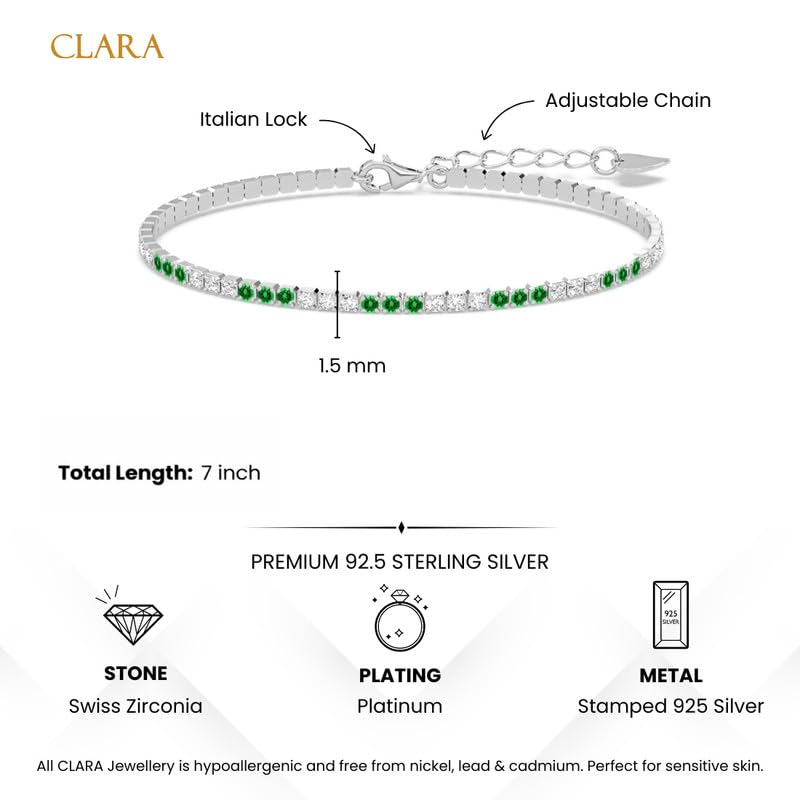Image of Clara 925 Sterling Silver Slim Tennis 2mm Bracelet Gift for Women Girls | Multiple Color Options | Size Adjustable | Platinum Plated | Swiss Zirconia