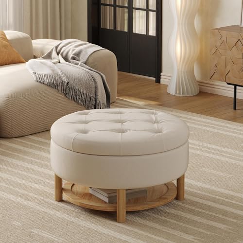 Vabches 31 Inch Round Storage Ottoman, Upholstered Velvet Tufted Foot Rest with Lift-Off Lid, Coffee Table with Commodity Shelf for Living Room, Beige