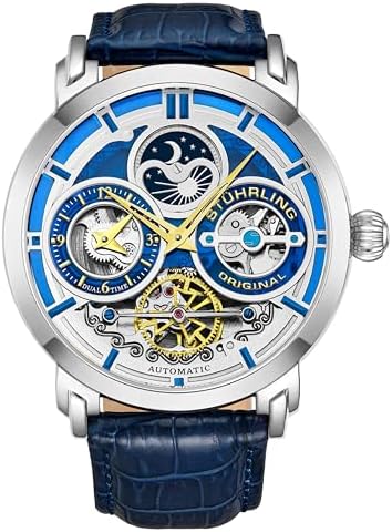 Stuhrling Original Legacy Men&#39;s Automatic Watch Stainless Steel 46 MM Case Genuine Leather Strap Watch Black