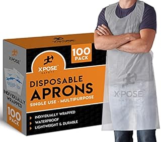 Xpose Safety 100 White Plastic Disposable Aprons For Cooking, Painting and More - Individually Packaged - Durable 1 mil Waterproof Polyethylene - 24