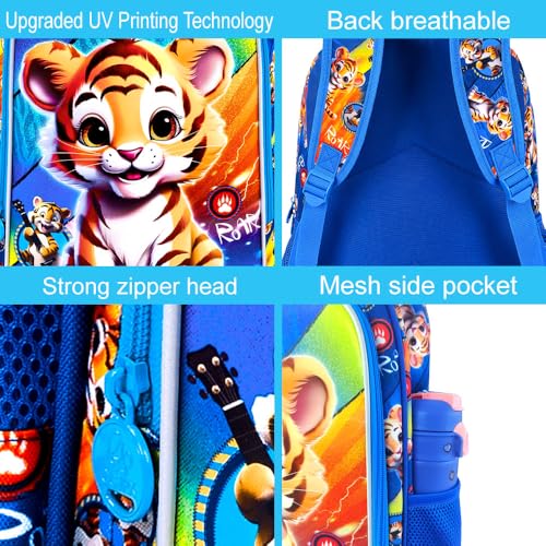 Image of 3Pcs Boys Backpack, 16 inch Tiger School Backpacks with Lunch Box, Kids Bookbag for Elementary Preschool Kindergarten(Blue)