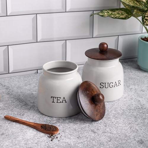 Image of Metallure Home Modern Kitchen Set | Air Tight Containers for Kitchen Storage | Tea Sugar Container Set of 2 | Wooden Lid Container | Food-Safe Metal Containers |Jar Container Set for Home (Light Grey)
