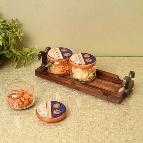 Image of AAKRITI ART CREATIONS Flavors Of Home Kit S03 Jars W /Tray | Handcrafted Dhokra Warli Art Fusion Art | Kitchen Decoration Items Stylish Tray & Jars | Airtight Kitchen Jars with Wooden