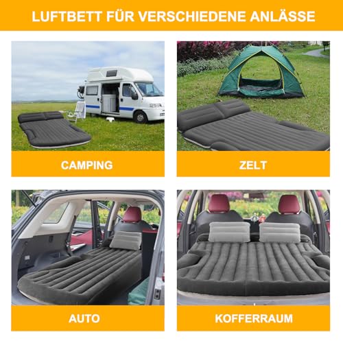 KMZ Auto Matratze, 2 Kissen Auto Luftmatratze, Doppelseitige Verdickte Beflockung Automatratze Camping Aufblasbaren Autobett für Kofferraum Rückbank (Dunkelgrau)