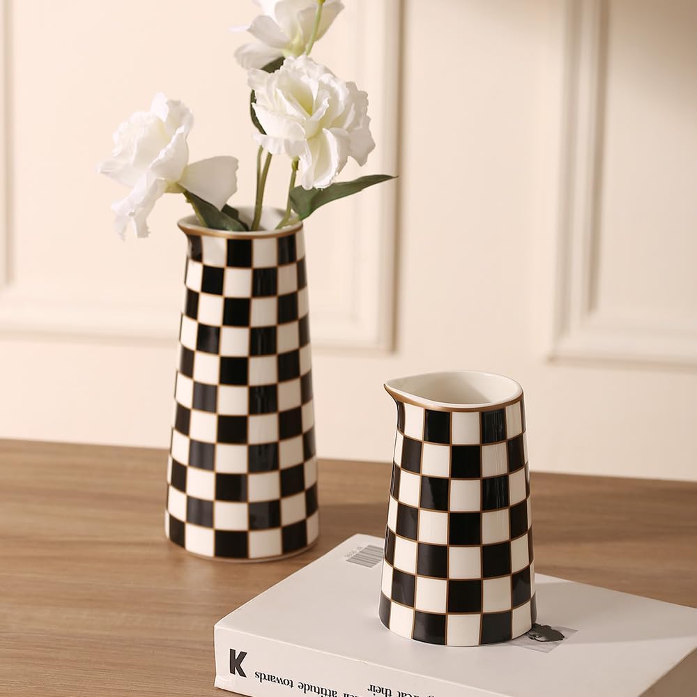 Porlien Checker Porcelain Flower Vase Home Decor Set of 2 with 5.5' High and 8' High Small Indoor Flower Bottles - Image 4
