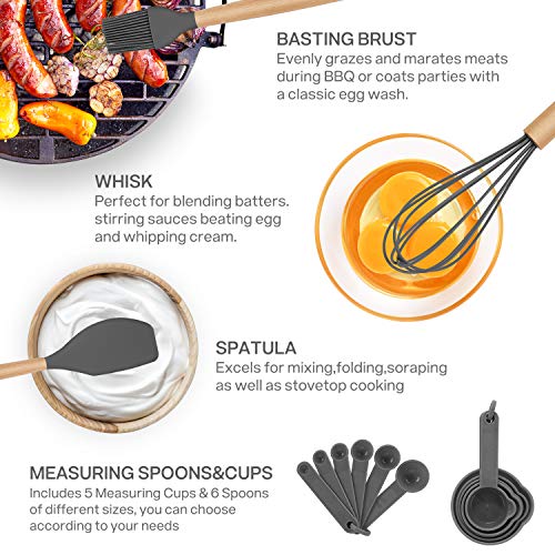 Duerer Silicone Kitchen Utensils Set with Holder, 12 Pcs Cooking Utensils Kit, Cooking Spatula Turner Heat Resistant Tools with Wooden Handle, Kitchen Gadgets Set for Nonstick Cookware (BPA FREE) - Thumbnail 7