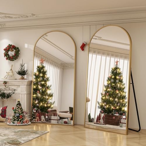 Image of Arch Top Full-Length Mirror | Floor Standing or Wall Mounted | Minimalist Design in Gold, Black & Silver | Oversized Mirror for Bedroom & Entryway (Gold, 170x70 cm)