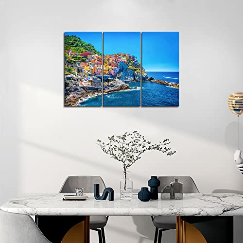 3 Pieces Modern Canvas Painting Wall Art The Picture For Home Decoration Cityscape Traditional Port Mediterranean Sea Cinque Terre Italy Coast Landscape Print On Canvas Giclee Artwork For Wall Decor #TOP4