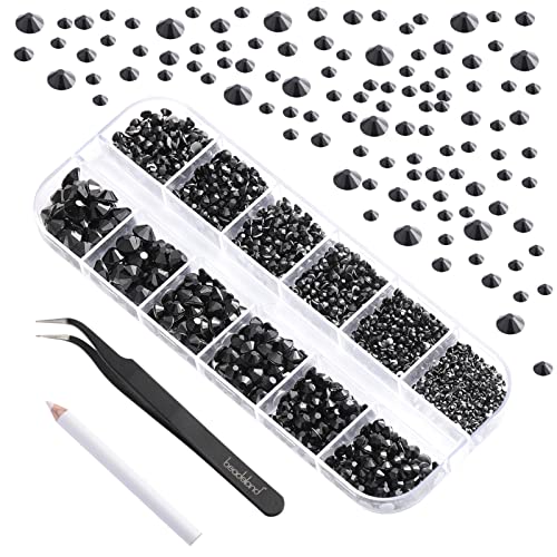 Image of Beadsland Rhinestones for Makeup,8 Sizes 2500pcs Black Flatback Rhinestones Face Gems for Nails Crafts with Tweezers and Wax Pencil,Black,SS4-SS30