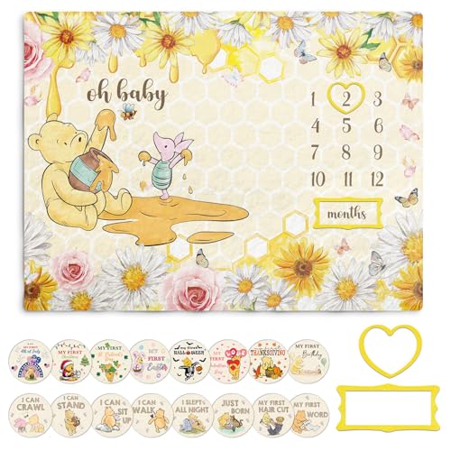 Image of Winnie Baby Milestone Blanket, Honey Themed Baby 12 Months Milestone Blanket, Winnie Photo Calendar Monthly Growth Chart, with 8PCS Double-Sided Printed Cardstock, Christmas Decoration Photo Gift