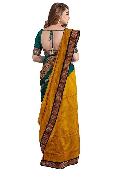 Image of Women's Premium Kanjivaram Cotton Silk Saree South Indian Paithani Sari | Gadwal Cotton Sarees Zari Border with Blouse Piece - Elegant Wedding & Festival Saree | Lightweight & Comfortable Gold 01