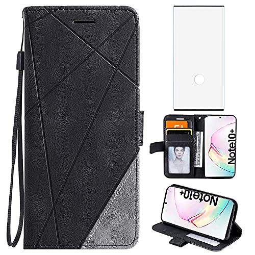 Compatible with Samsung Galaxy Note 10 Plus Glaxay Note10+ 5G Wallet Phone Case and Tempered Glass Screen Protector Flip Cover Card Holder Cell for Gaxaly Note10 + Notes 10+ Ten Not S10 10Plus Black