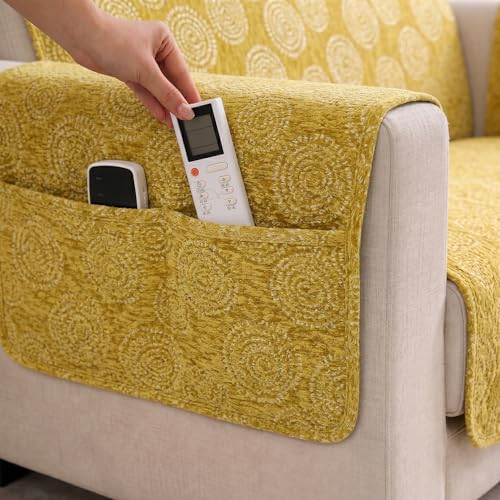Image of STITCHNEST 'Opulence Series' Floral Woven Sofa Cover for 2 Seater | Premium Soft Fabric Sofa Protector | Yellow Circular Pattern with Tassel Edge Finish | Durable Living Room Furniture Cover