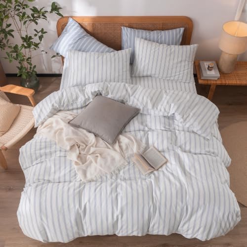 Image of BESTOUCH Striped Cotton Duvet Cover Set Linen Feel Super King Plus | 100% Washed Cotton, Soft Wrinkle Texture, Hidden Zipper, 8 Ties, Breathable Lightweight Durable Comfy, 3 Pcs No Insert