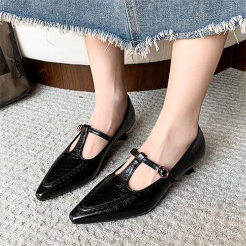 Women's Vintage Leather Pointed Toe Mary Jane Pumps Slip On Closed Toe Kitten Heel Shoes with Buckle Strap for Bridal Guest Prom Dresses3