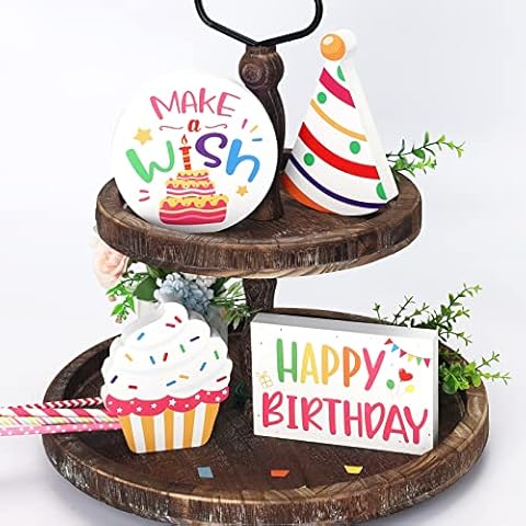 Huray Rayho Birthday Tiered Tray Decor Celebration Wooden Sign Colorful Birthday Party Supplies Make Wish Freestanding Cake Hat Block Bundle Bookshelf Happy Bday Table Decorations Gift for Her Cover