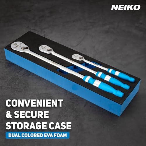 Image of NEIKO 03006A Flat Head Ratchet Set - 3 Piece Low Profile 1 /4, 3 /8, 1 /2 Inch Drive, 90 Teeth, Anodized Textured Grip Handle, Long Handle, Sealed Head, Cr-Mo
