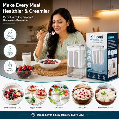 Image of Greek Yogurt Maker & Hung Curd Strainer | Paneer Maker | Curd Separator | 1100ml BPA-Free Container with Fine Mesh Strainer -Leakproof | Easy to Clean Whey Separator Kitchen Tool (Pack of 1)