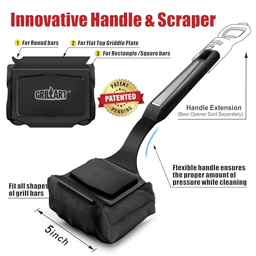 GRILLART Grill Brush Bristle Free. SteamWizards BBQ Replaceable Cleaning Head, Seamless-Fit Scraper Tools for Cast Iron/Stainless-Steel Grates Griddle, Safe Barbecue Grill Cleaner Brush-Dark Black