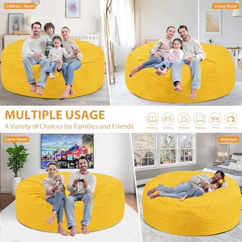 6FT Bean Bag Chair, Large Bean Bag Chairs with Memory Foam Filled, Fluffy Beanbag Sofa with Dutch Velvet Cover, Round BeanBag Chairs for Living Room, Playroom - Lemon