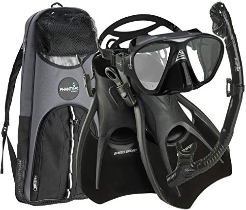 Phantom Aquatics Italian Design Signature Tempered Glass Mask Fin Snorkel Set, BK-LG