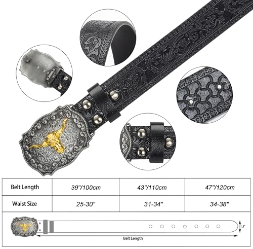 Genuine Leather belts for Men, Western Cowboy Belt, Bull Buckle, Vintage Floral Engraved, 25 to 38" waist3
