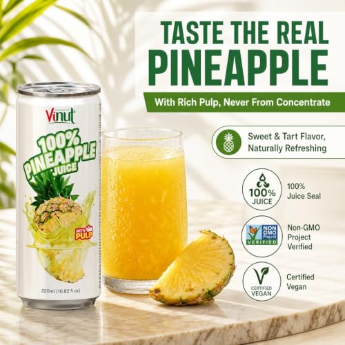 Image of VINUT 100% Pineapple Juice with Real Pulp, Vitamin C Rich, No Added Sugar, Not From Concentrate, Gluten Free & Non-GMO Drink, 100% Vegan /Plant-Based, 10.82 fl oz Cans (Pack of 6)
