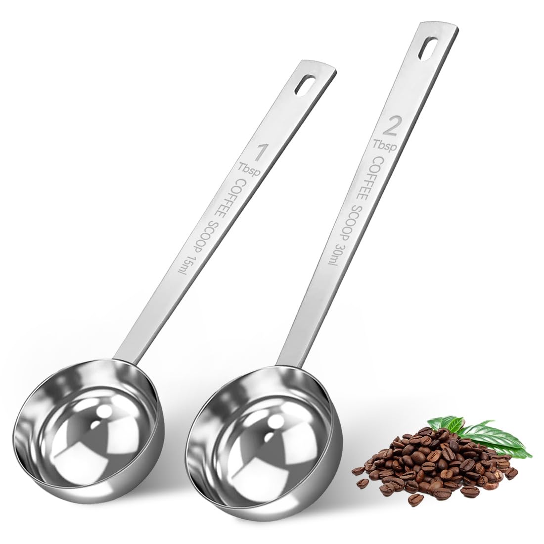 Coffee Scoop Set - 1 Tbsp (15ml)& 2 Tbsp (30ml) Measuring Tablespoon Stainless Steel Coffee Measuring Spoon and Scooper with Long Handles Pack of 2