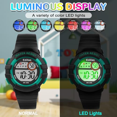 Image of Edillas Kids Watches Digital Girls Boys, 7 Colors Light Wrist Watch for Child Waterproof Sport Outdoor Multifunctional Wristwatches with Stopwatch /Alarm for Ages 4-15 (Black-Green)